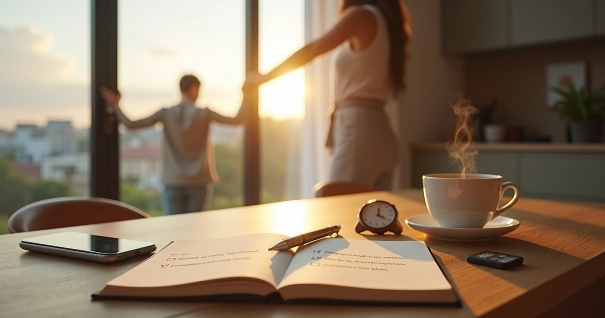 Persona revisando lista de microhábitos en cuaderno durante la mañana 