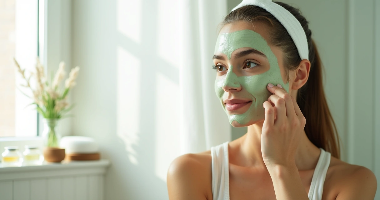 Mujer joven aplicando mascarilla facial de arcilla natural en baño luminoso