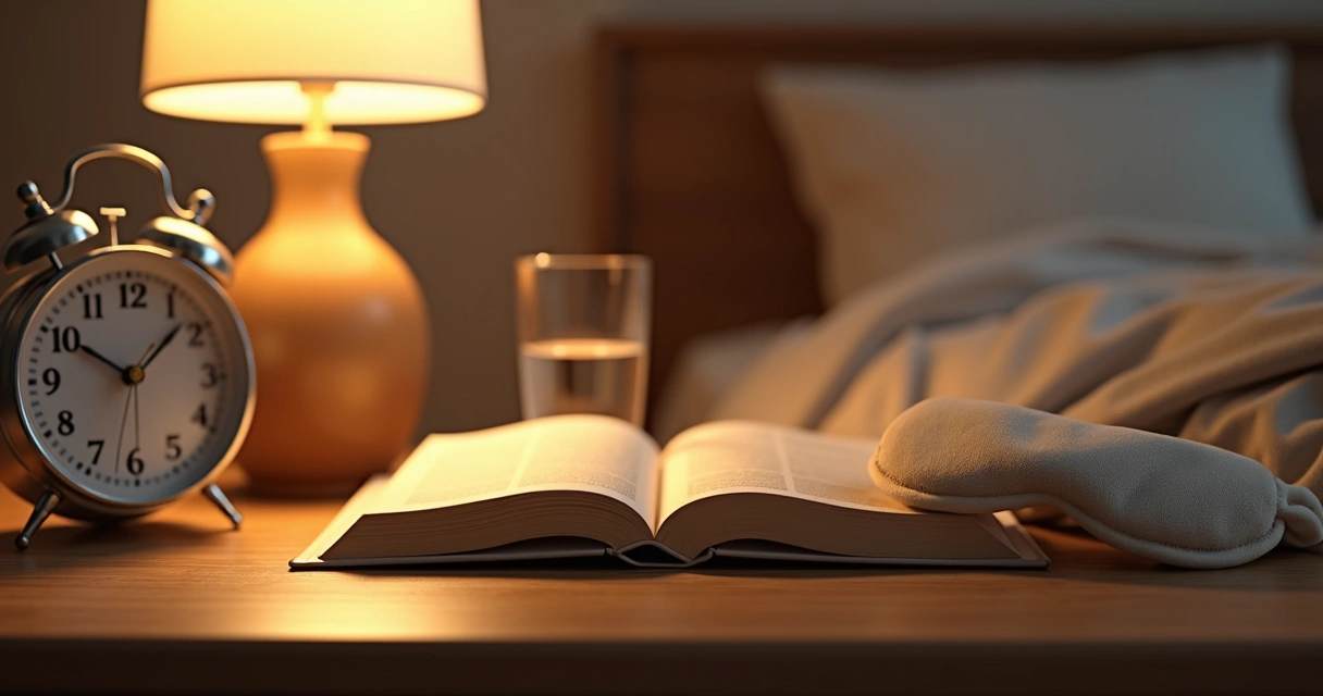 Mesa de noche con libro, luz tenue y vaso de agua 