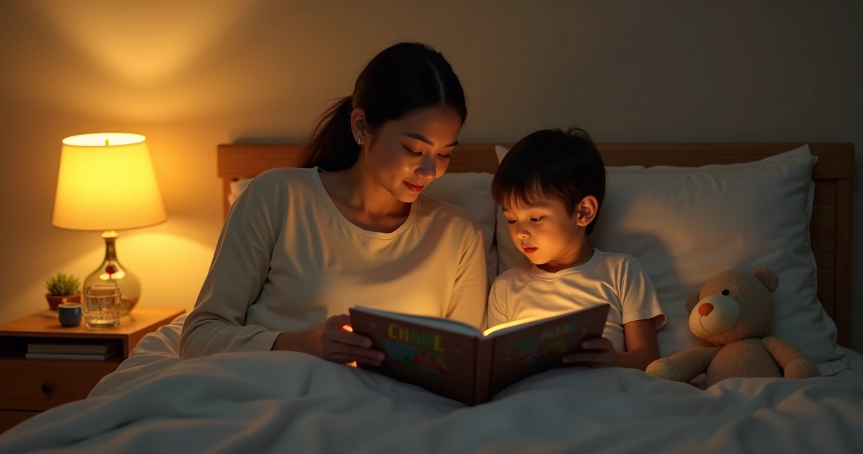 Adulto y niño leyendo antes de dormir en una habitación cálida 