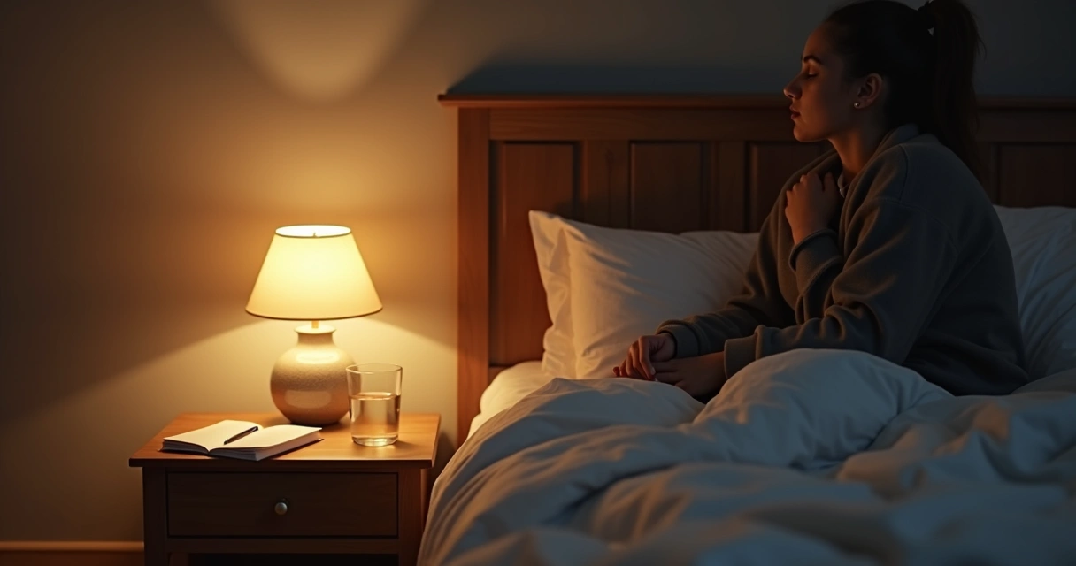 Rutina nocturna con luz cálida y cuaderno junto a la cama 