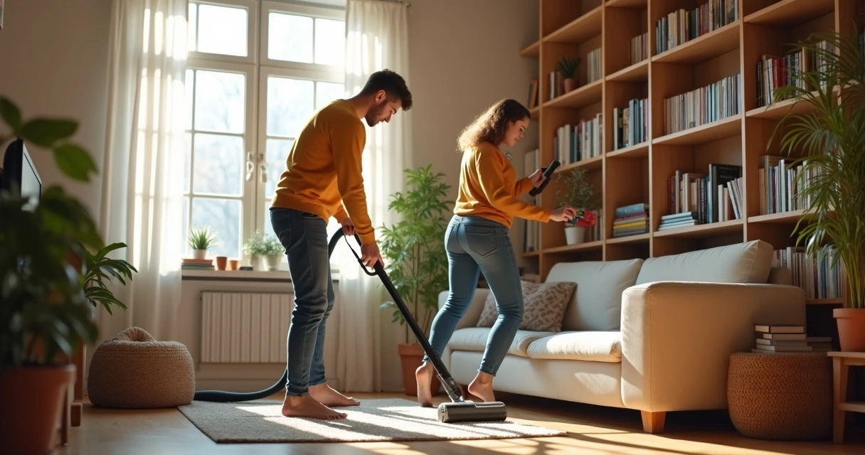 Rutina cotidiana pareja en casa. 
