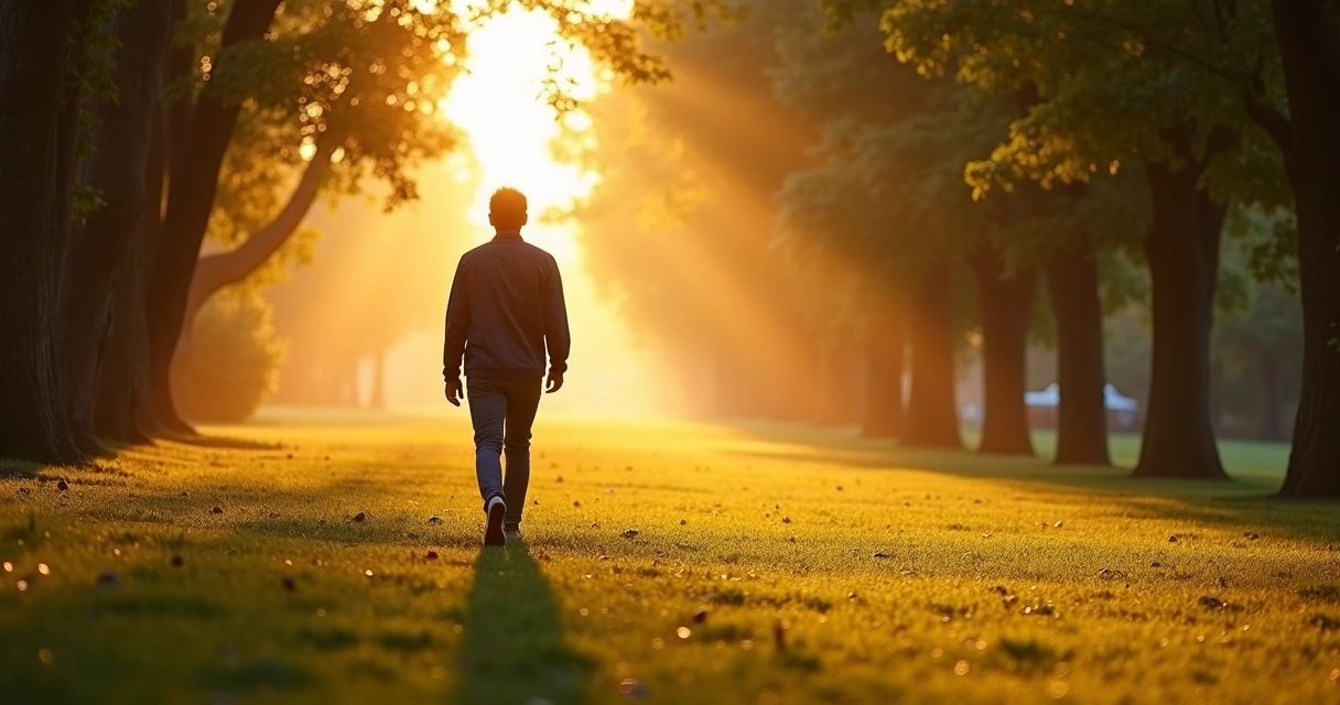 Persona caminando conscientemente en un parque al amanecer 