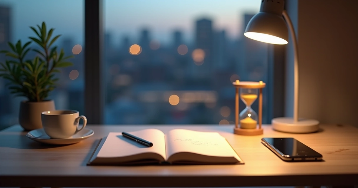 Escritorio ordenado con reloj de arena y cuaderno abierto para reflejar una rutina consciente 