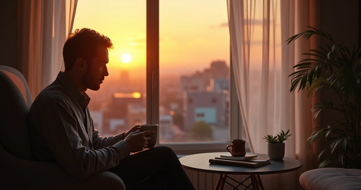 Persona sentada junto a la ventana con taza de café, reflexionando en la mañana 