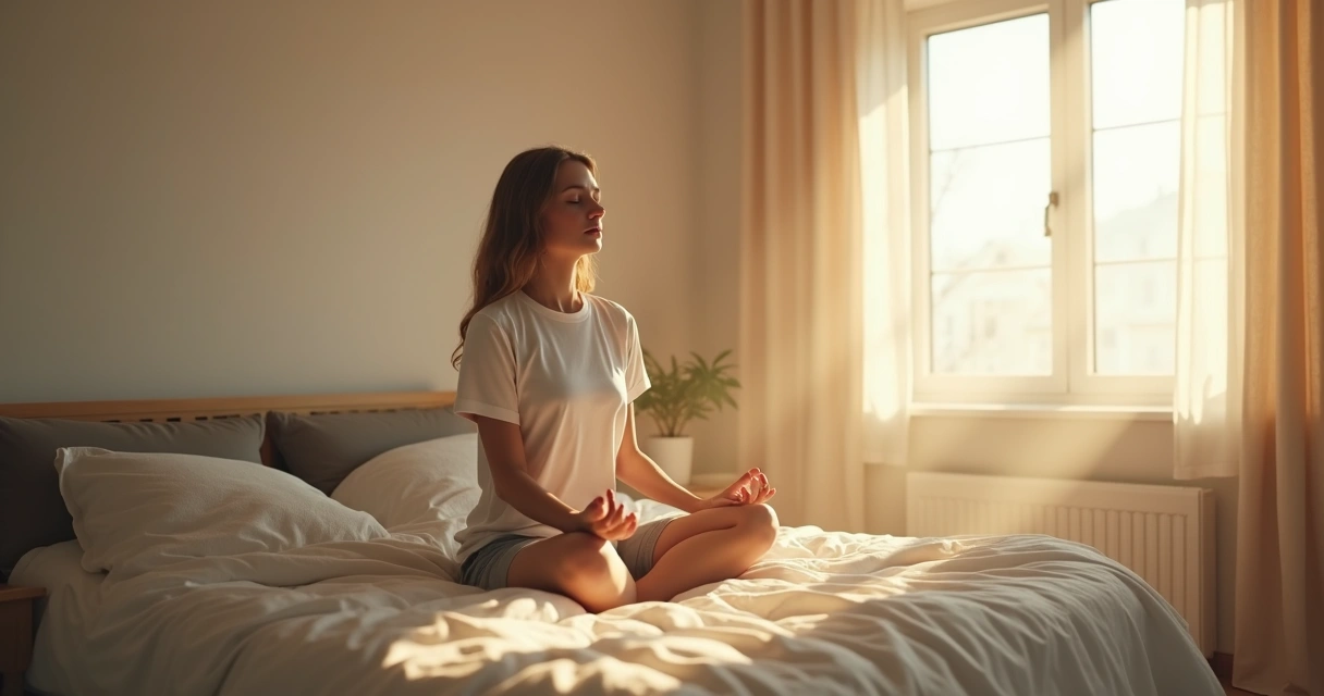 Persona sentada en el borde de la cama respirando con atención 