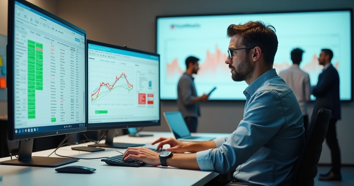 Gestor de SaaS preocupado avaliando riscos de emissão fiscal manual em vários monitores 