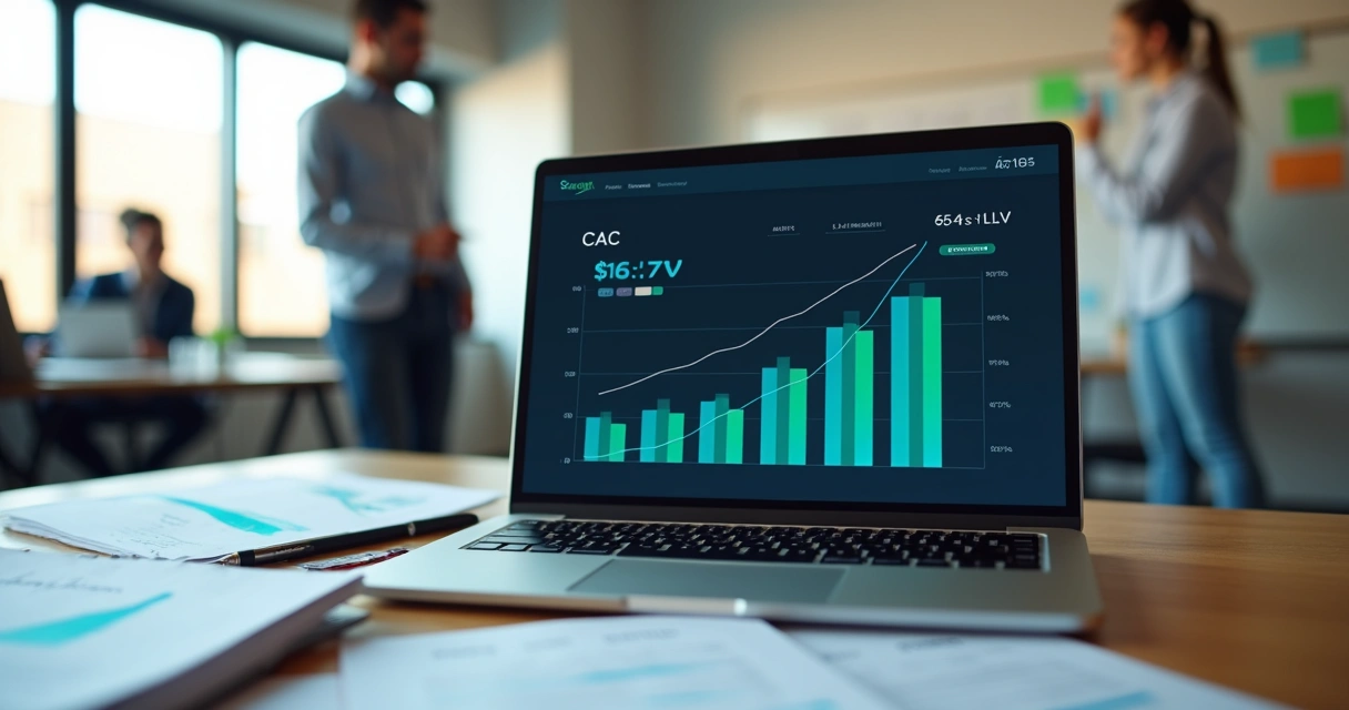 Founder analyzing CAC and LTV charts on a laptop dashboard 