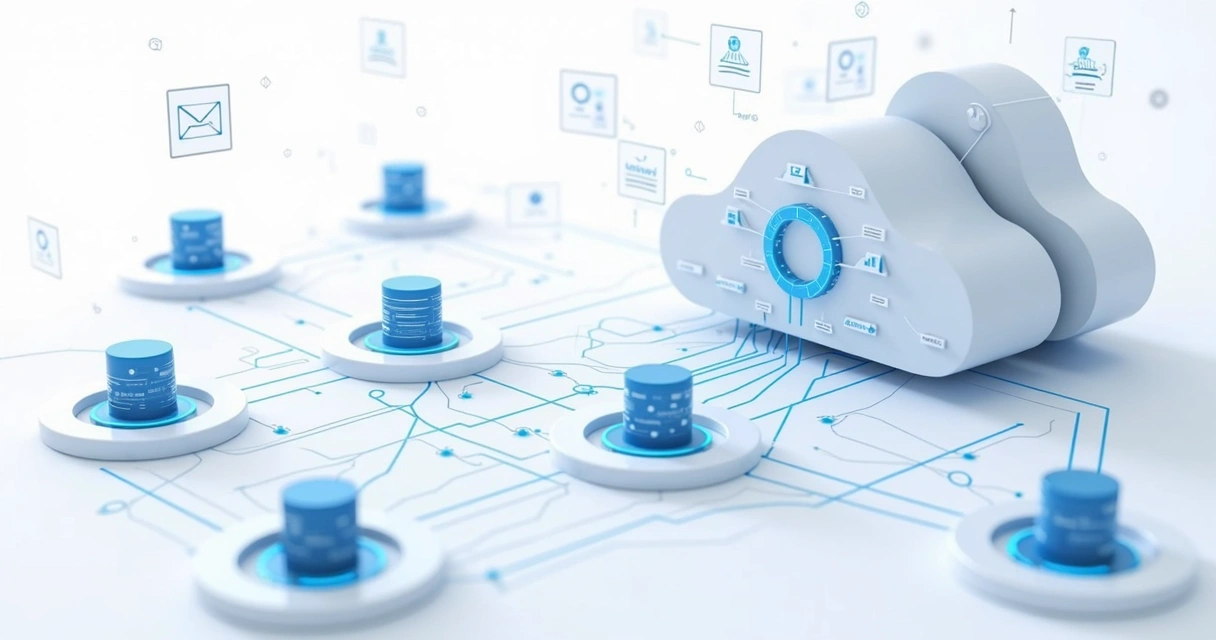 Painel ilustrando múltiplos sistemas SaaS integrados via API na nuvem 