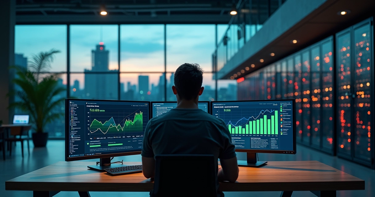 Dashboard SaaS com gráficos crescendo enquanto servidores travam ao fundo 