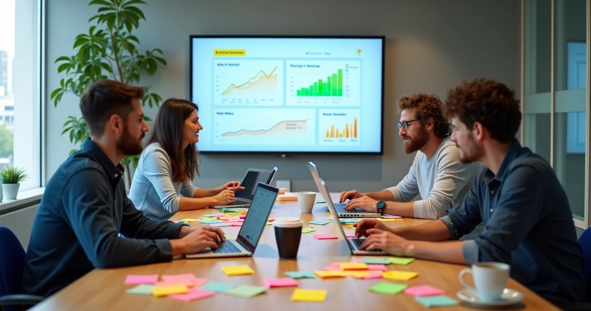 Small SaaS team reviewing user feedback together at a table