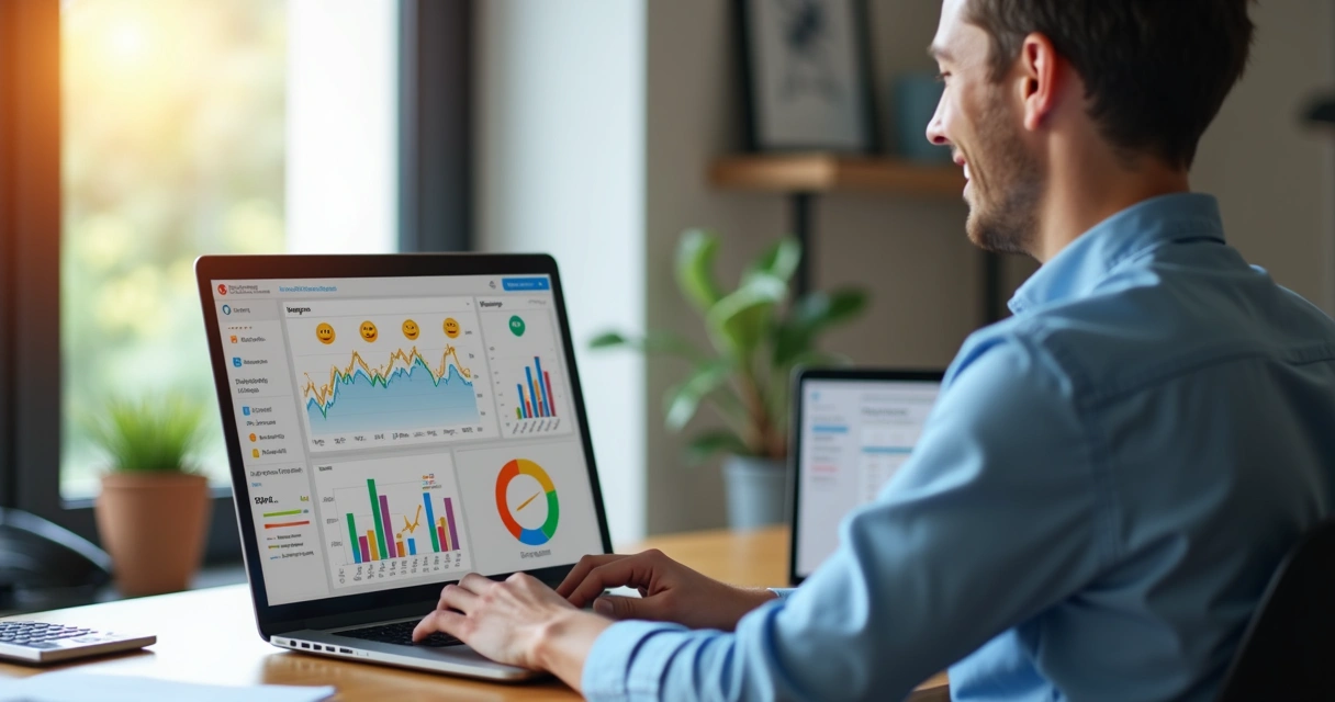 Usuário sorridente navegando em dashboard SaaS financeiro