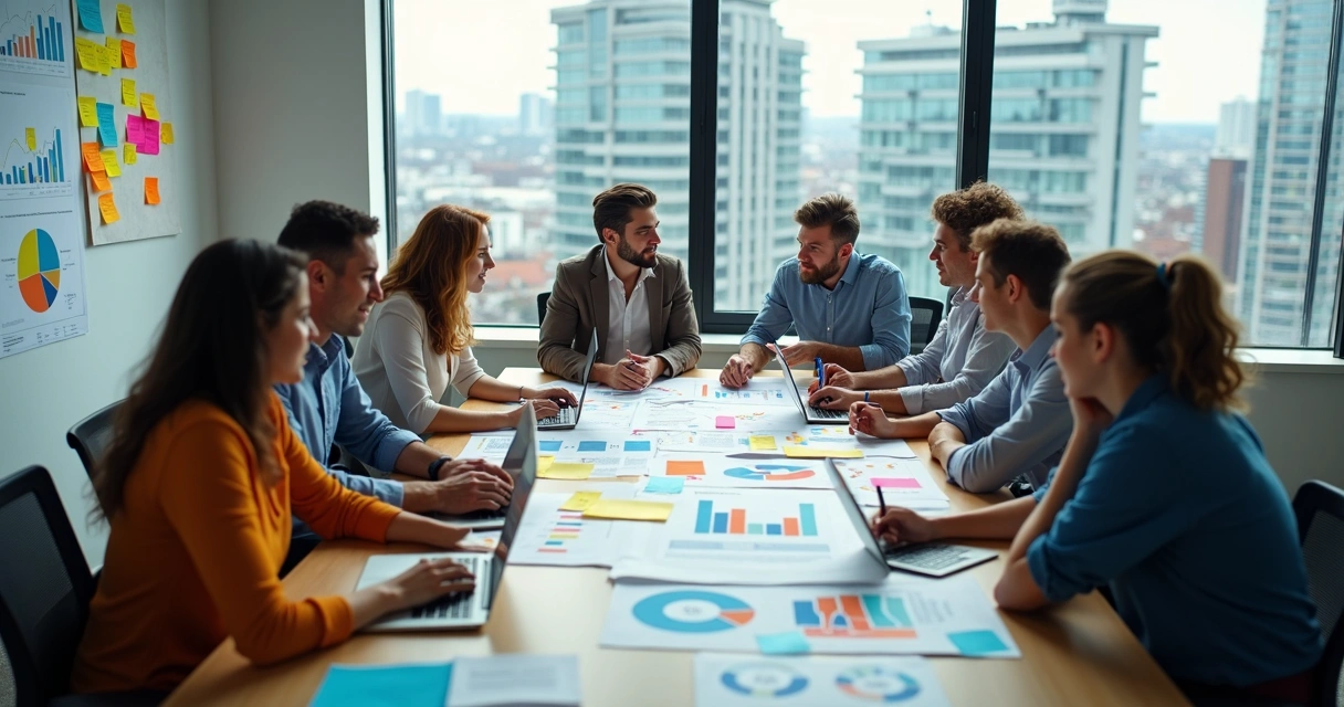 SaaS marketing team brainstorming with charts and post-its about ICP at meeting table. 