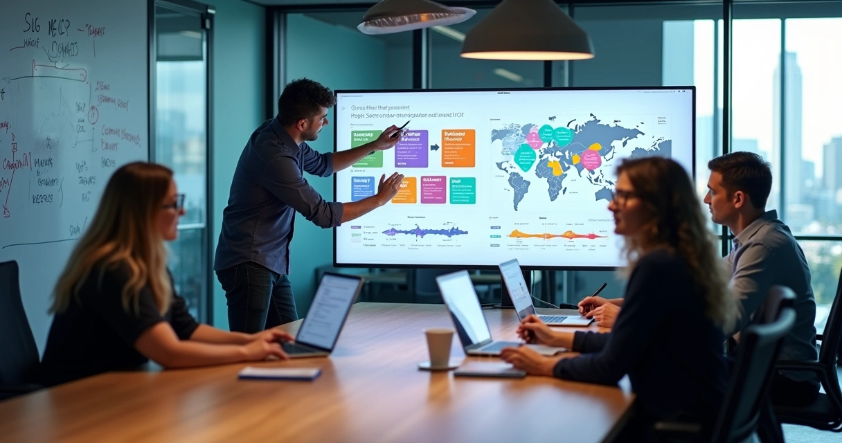 Marketing team analyzing SaaS ICP map on large digital dashboard 