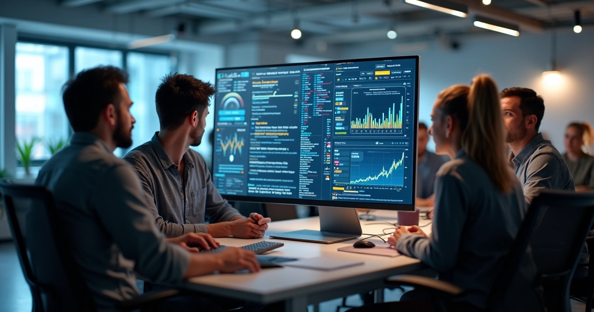 Equipe de desenvolvedores SaaS integrando API de pagamentos em um ambiente moderno com painéis digitais. 