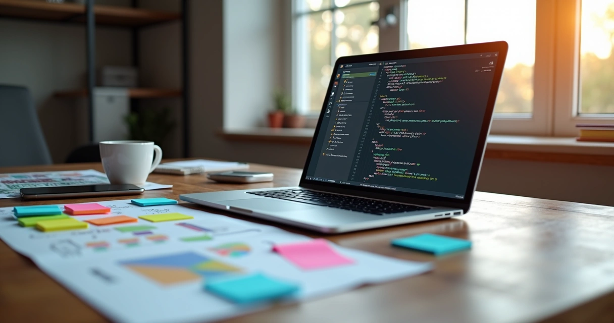 Workspace showing a laptop with SaaS MVP development on screen surrounded by notes and sketches 