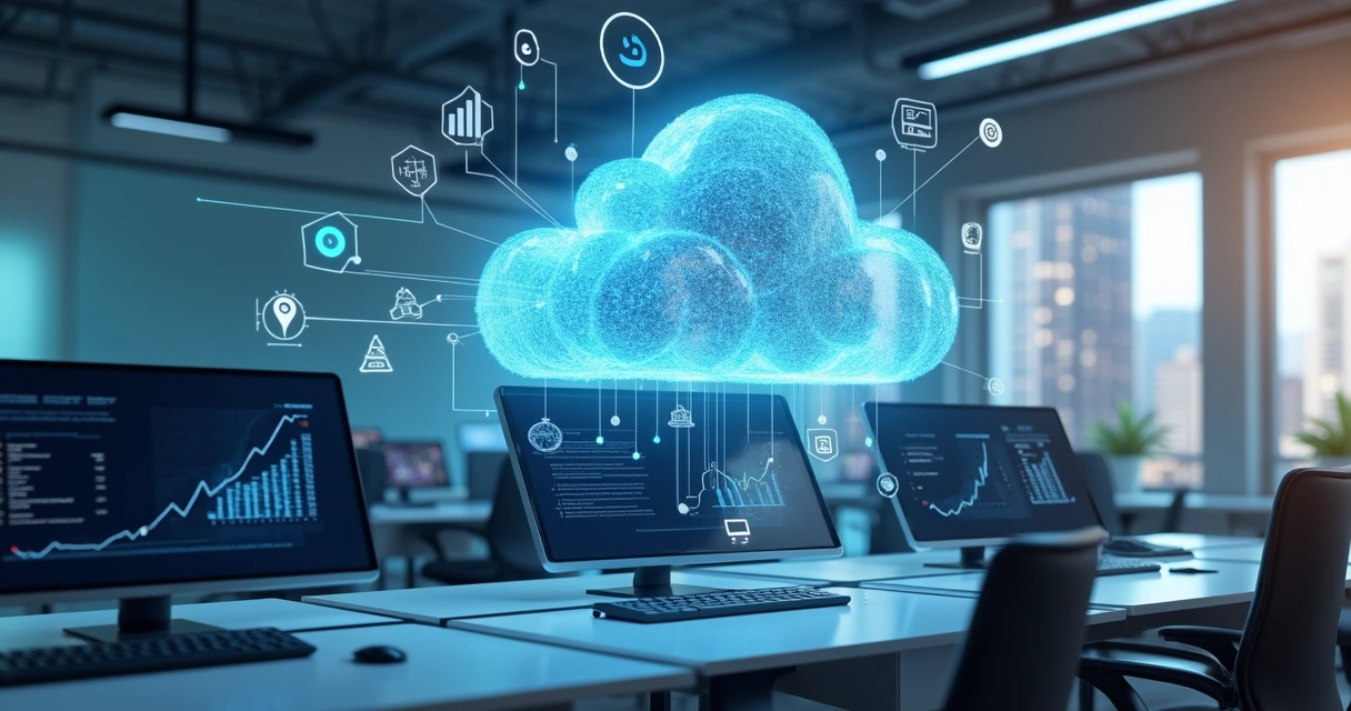 Computadores em uma mesa conectados a uma nuvem 