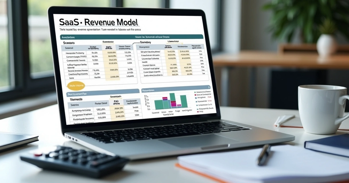 Laptop showing a SaaS revenue model spreadsheet with segmented assumptions
