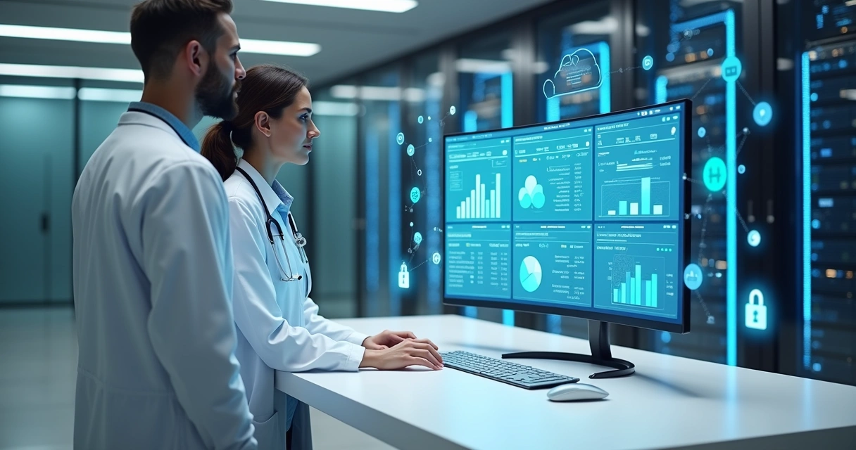 Painel de SaaS de saúde em nuvem com médico e servidores em segundo plano 