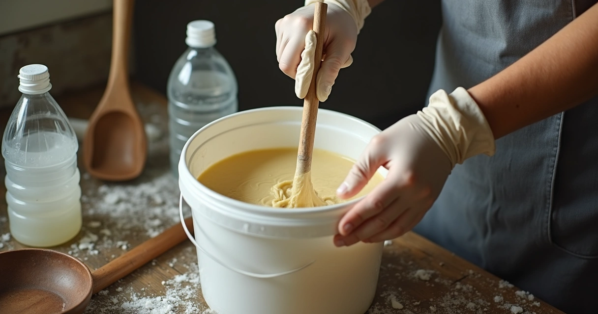 Pessoa mexendo mistura de sabão em balde branco com luvas 
