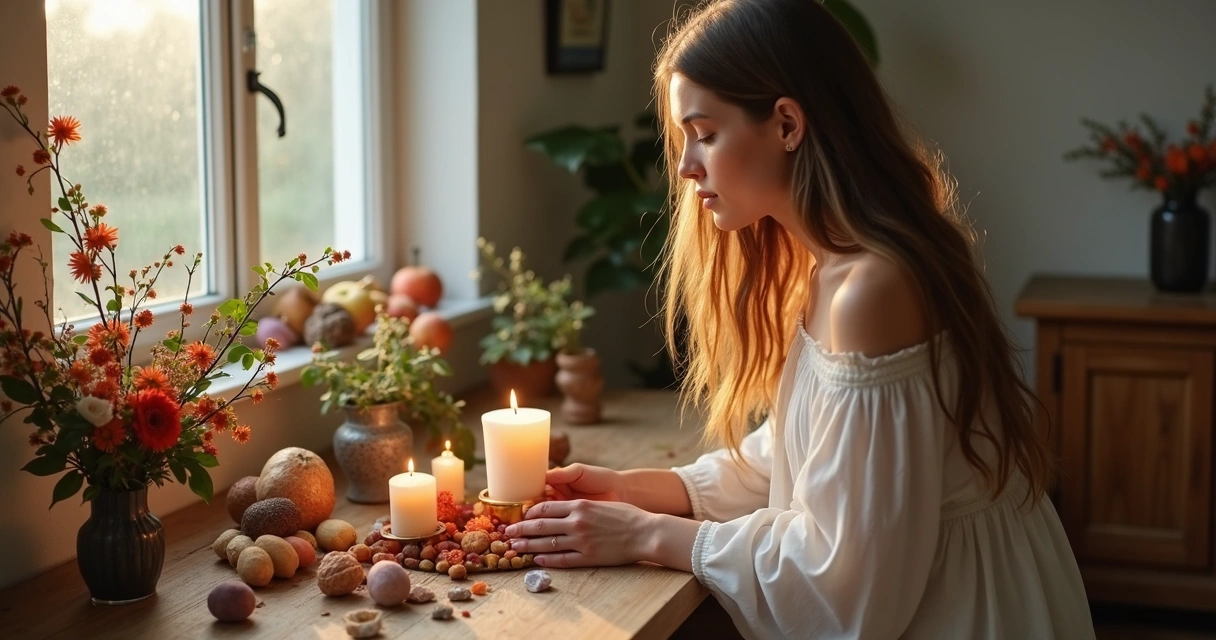 Mulher acendendo vela em altar simples com elementos naturais 