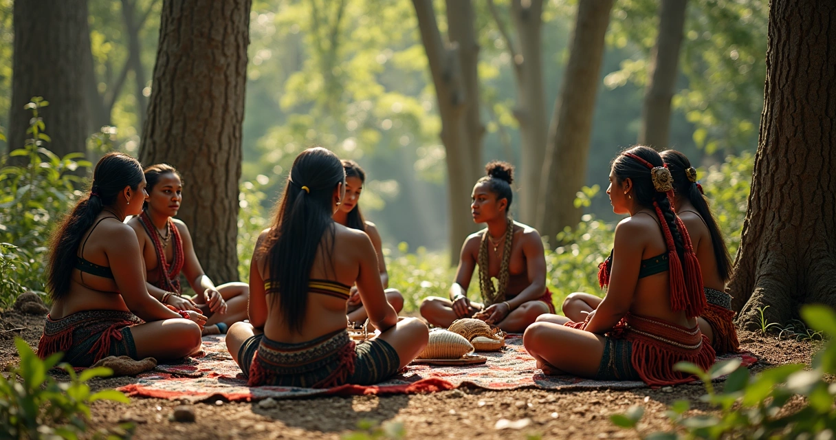 Grupo indígena reunido em círculo compartilhando histórias, com instrumentos e artefatos culturais 