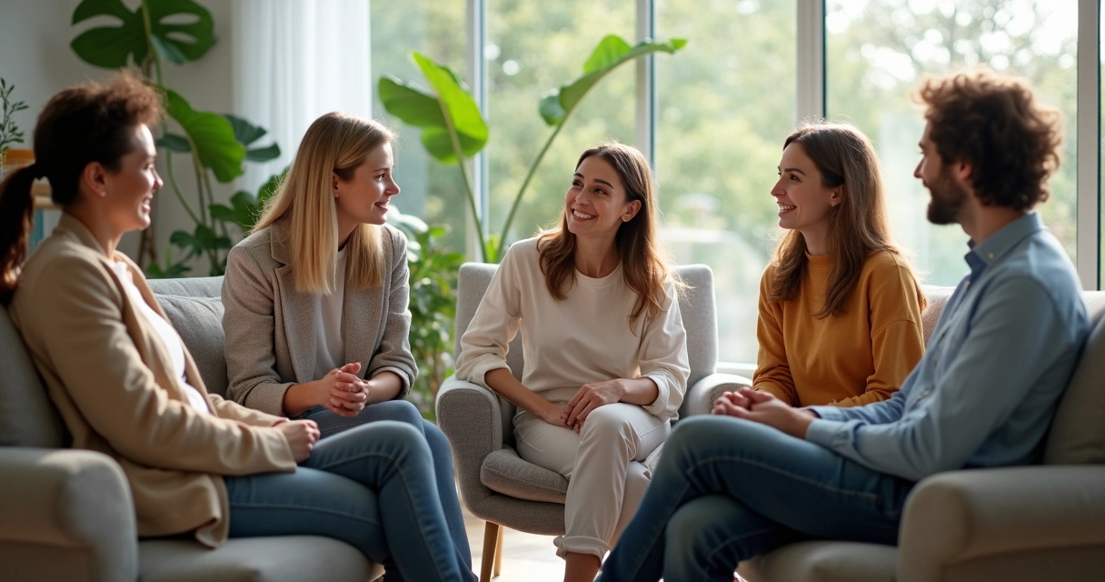 Personas conversando sentadas en círculo en una sala luminosa