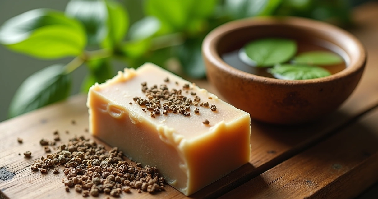 Sabonete de ervas e tigela de água com folhas