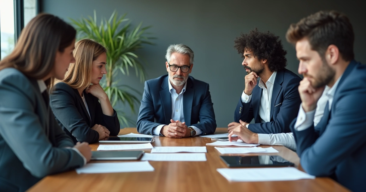 Leaders gathered around table discussing a difficult topic with serious expressions