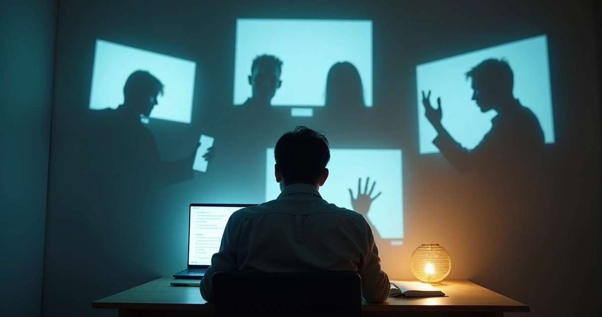 Pessoa cercada por telas digitais com silhuetas sombrias projetadas nas paredes 