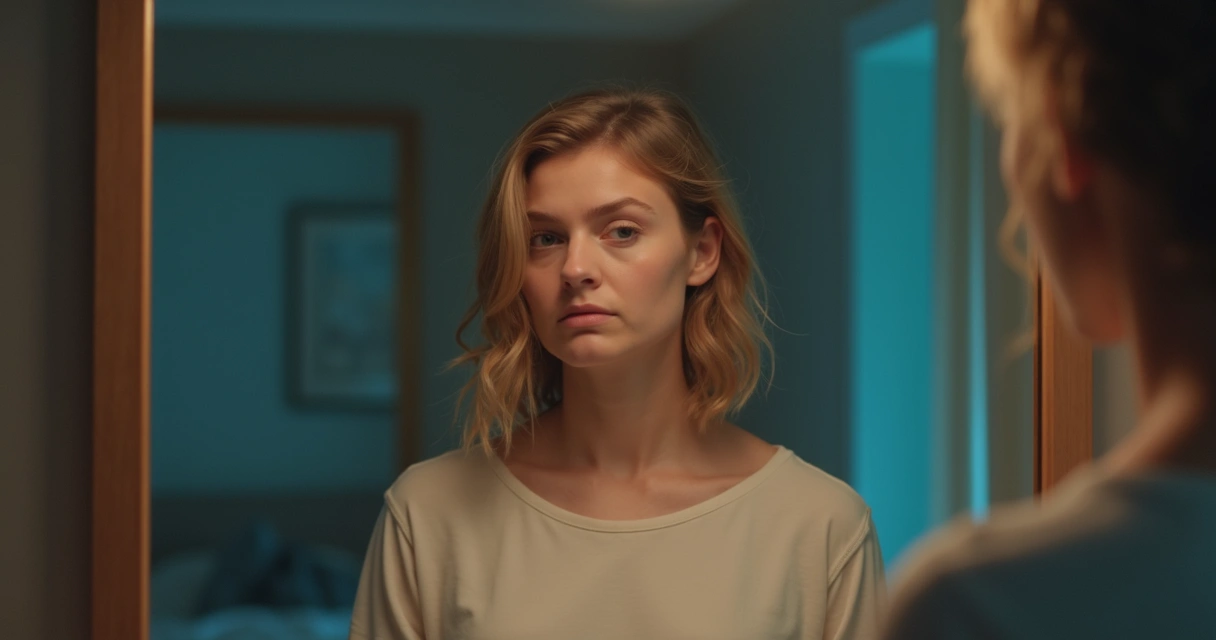 Persona observando su reflejo, con emociones opuestas en el espejo, fondo difuso 