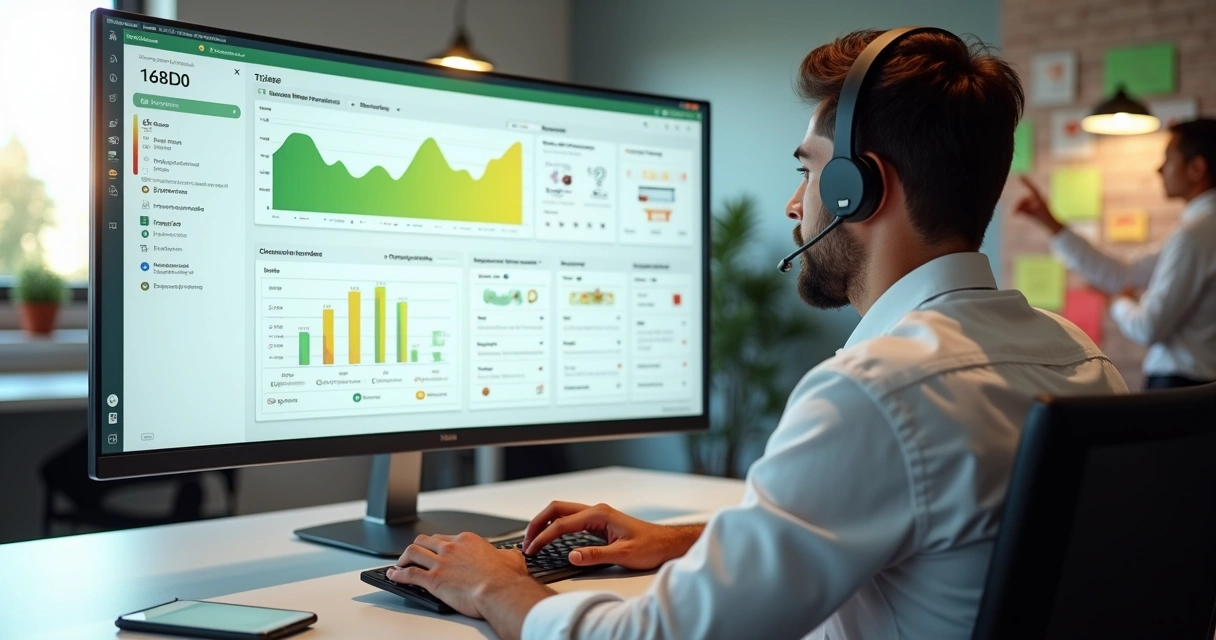 Atendente gerenciando painel digital de chamados de clientes com foco em agilidade 
