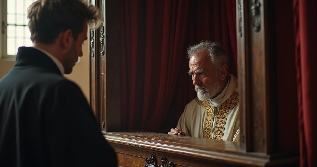 Padre ouvindo confissão em confessional antigo de madeira. 