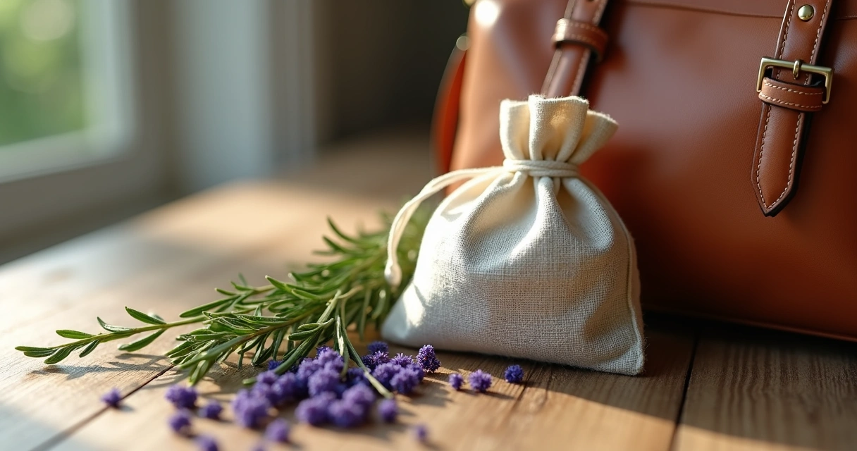 Sachê com ervas secas ao lado de uma bolsa feminina. 