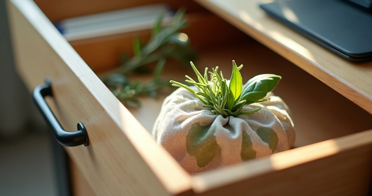 Sachê de ervas e gaveta de mesa de escritório 