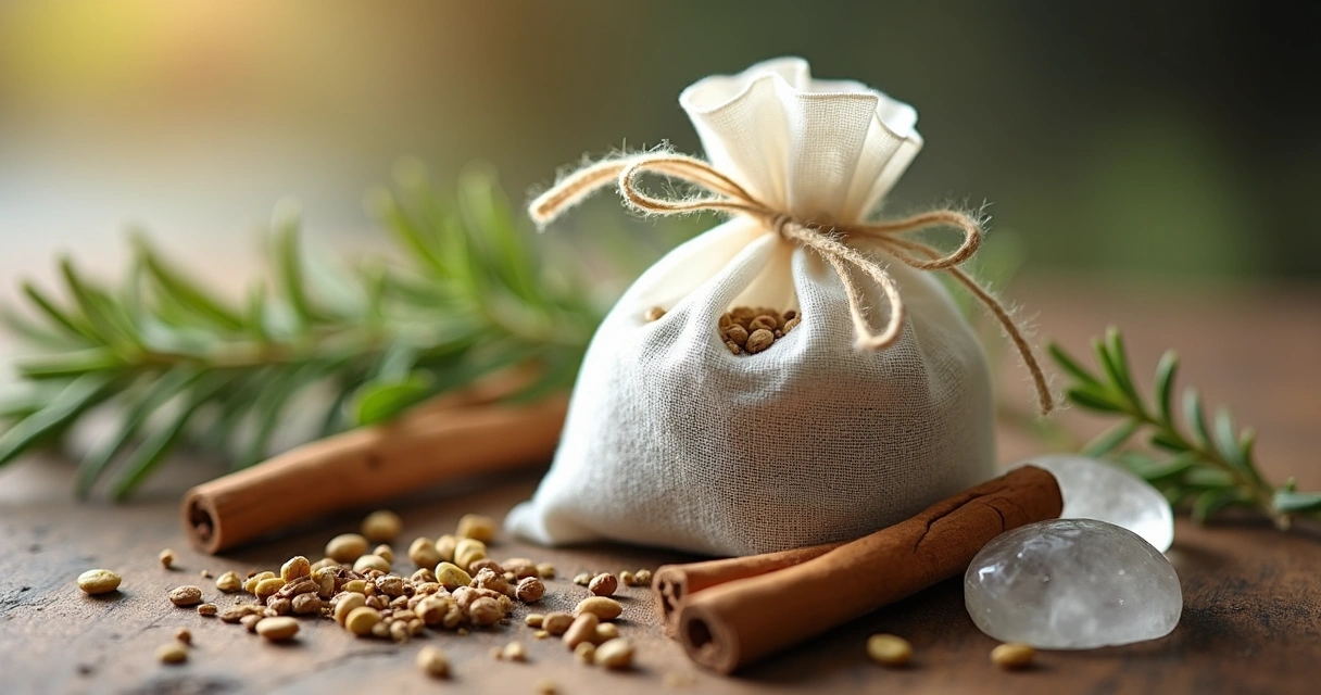 Sachê pequeno de tecido branco com ervas secas e fita amarrando. 