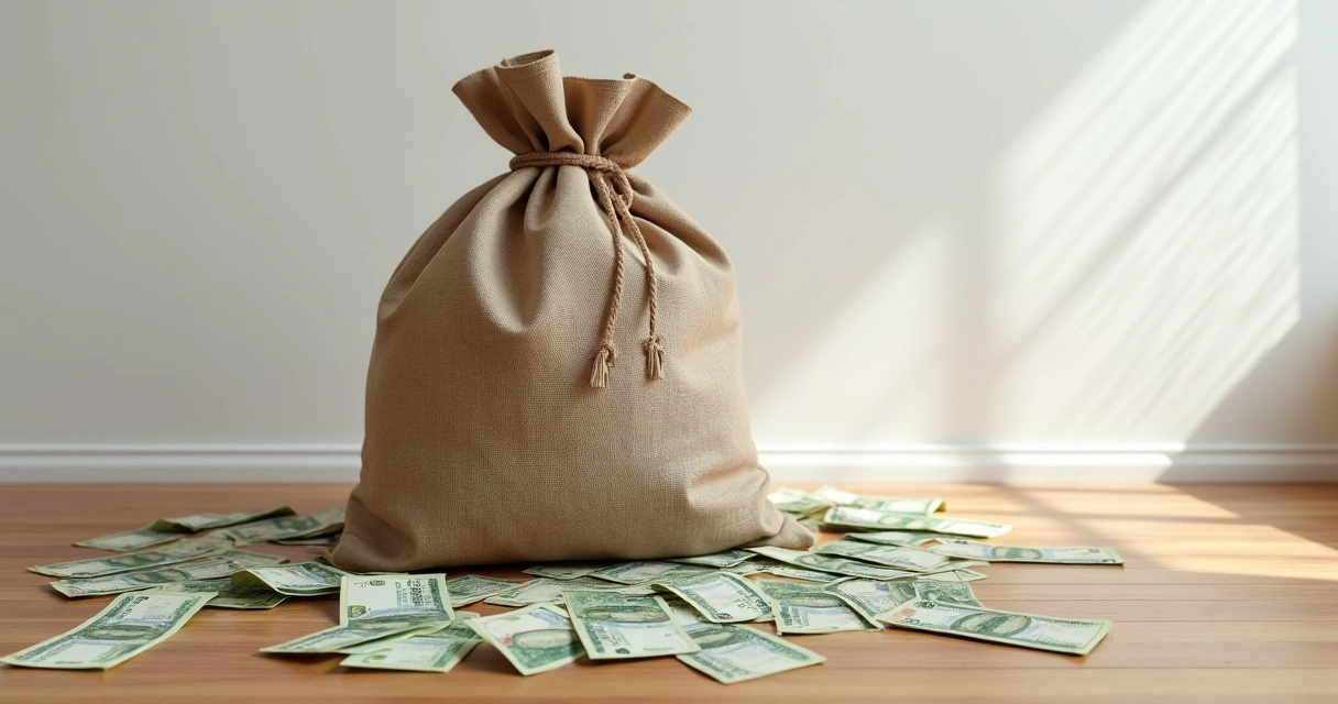 Saco de dinheiro com notas de real caindo ao redor 