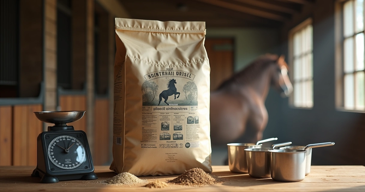 Saco de ração industrializada ao lado de balança de precisão e copos medidores.