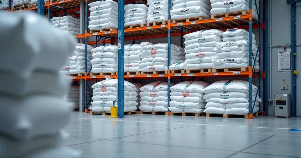 Sacos de ráfia organizados com insumos químicos em prateleiras industriais 