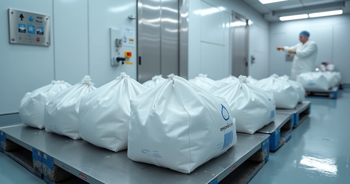 Sacos de ráfia brancos com gelo em palete inox dentro de câmara fria 