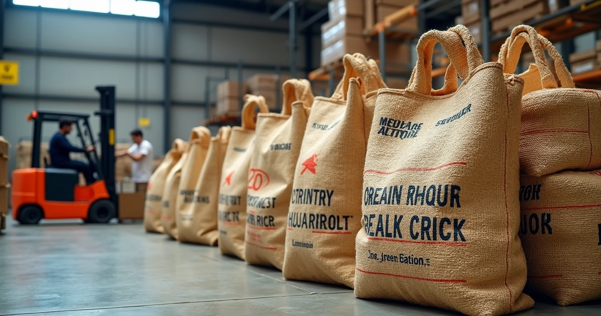 Saco de ráfia personalizado organizado em armazém