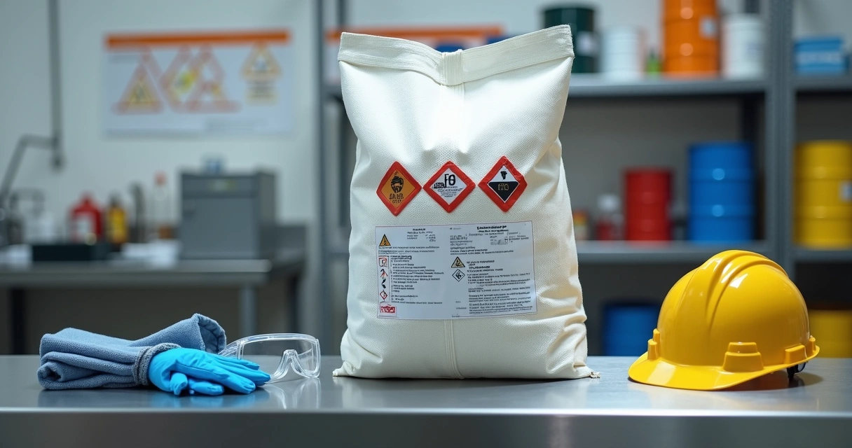 Saco de ráfia para produtos químicos com rótulos de risco em bancada de laboratório industrial 