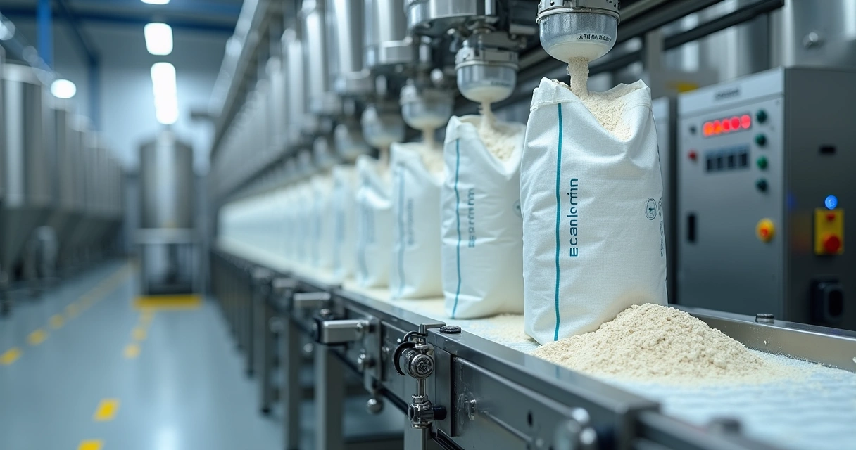 Sacos de ráfia valvulados sendo preenchidos em máquina automática na indústria 