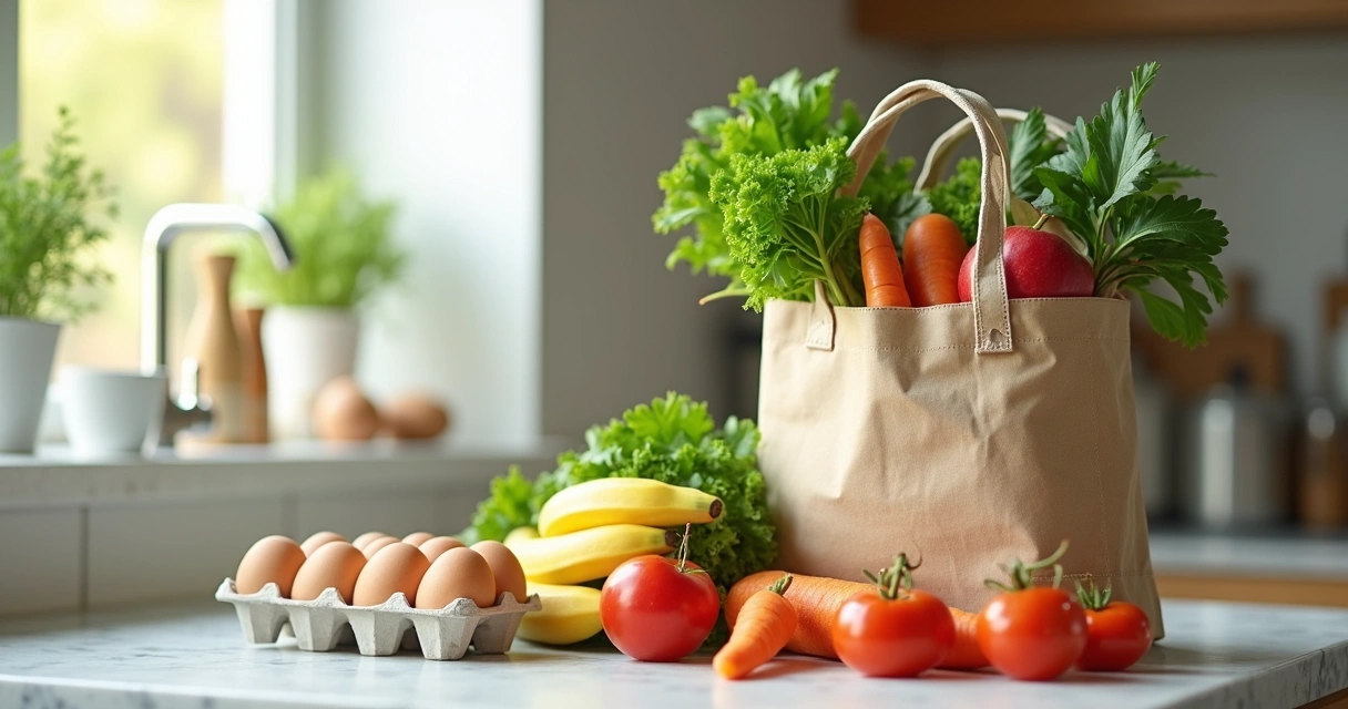 Sacola eco-friendly com frutas, legumes e ovos expostos sobre o balcão 