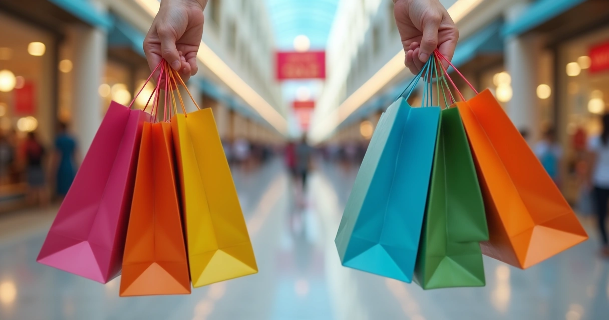 Mãos segurando sacolas de compras em outlet de Orlando 