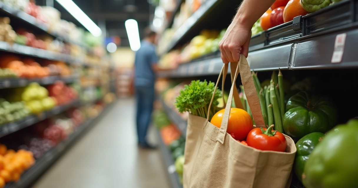 Pessoa segurando sacola reutilizável em supermercado