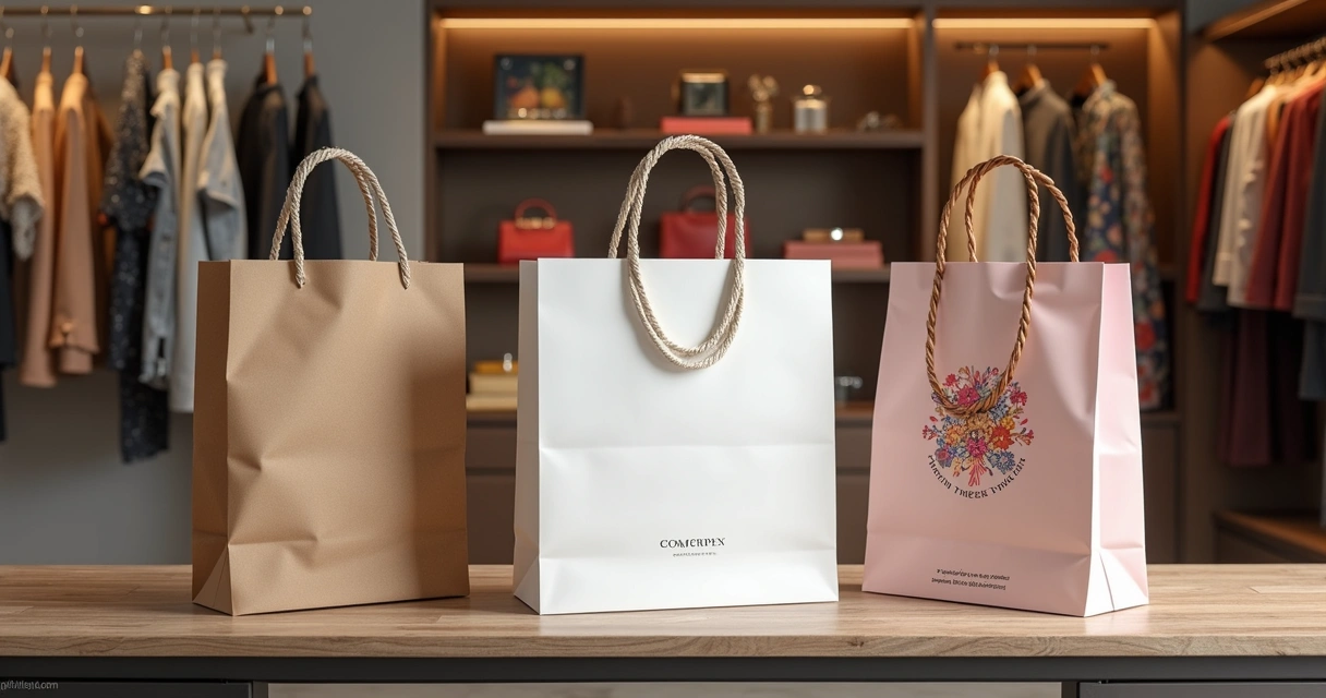 Sacolas de boutique em papel couchê, offset e kraft, cada uma destacando cores e estilos diferentes. 