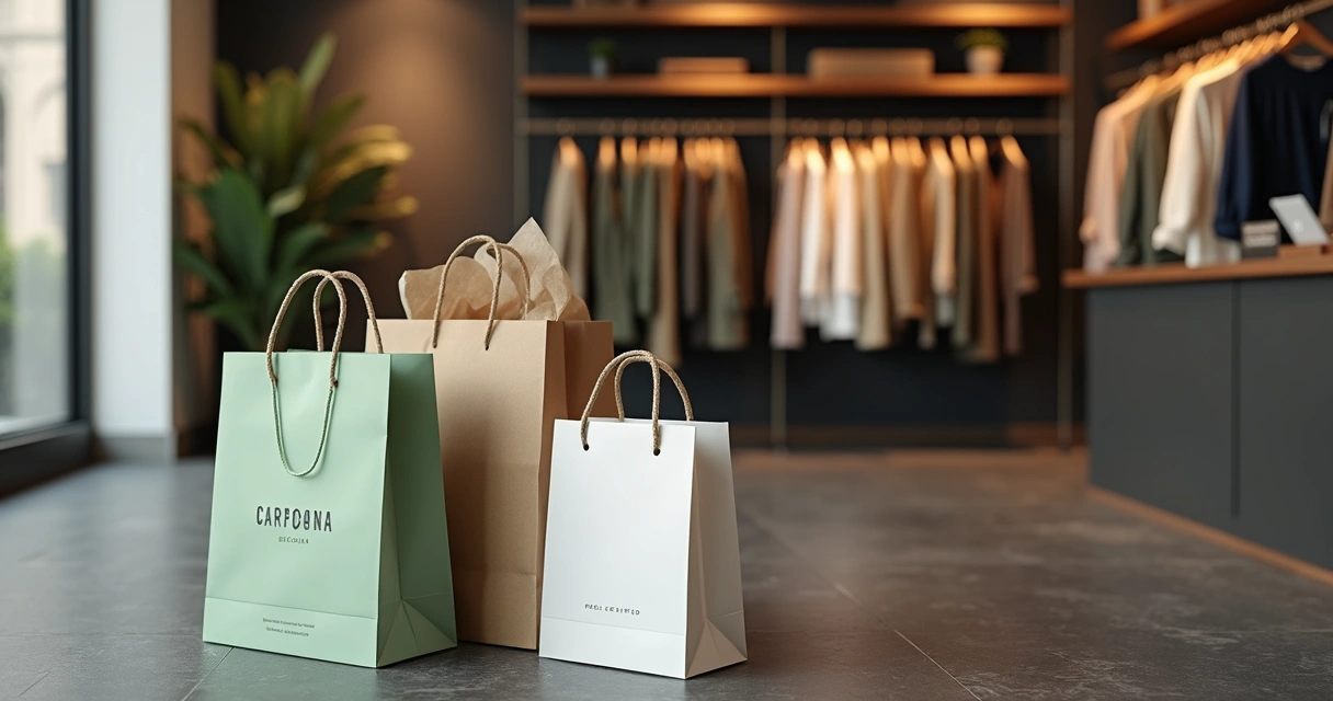 Sacolas de papel personalizadas sustentáveis em loja moderna de roupas 