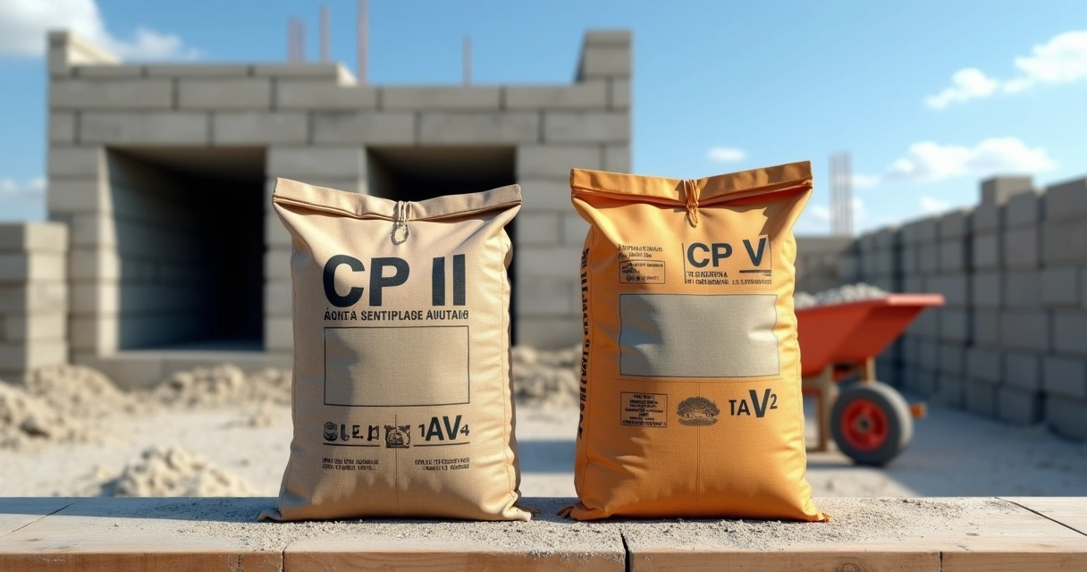 Sacos de cimento CP II e CP V lado a lado em obra residencial 