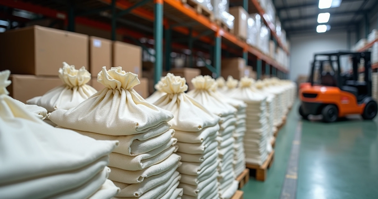 Sacos de ráfia valvulados empilhados em piso de fábrica 